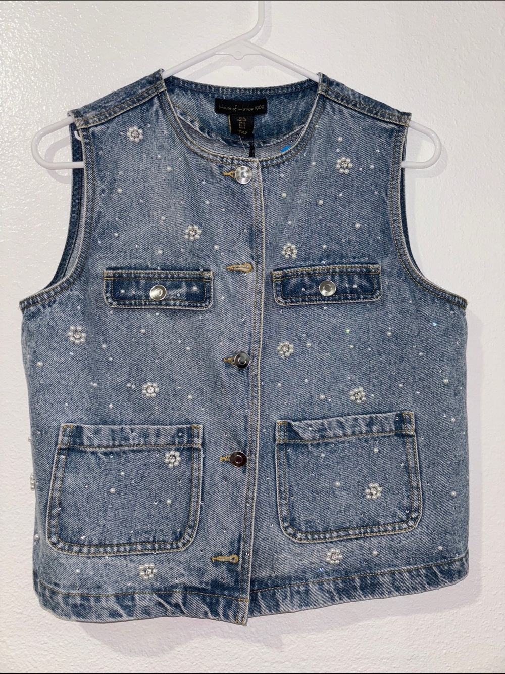 Sleeveless Denim Top with White Pearls